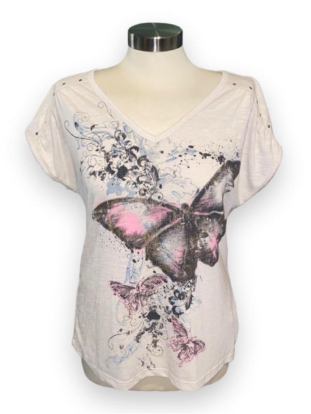 Faded Glory Ivory V-Neck Butterfly Print Tee